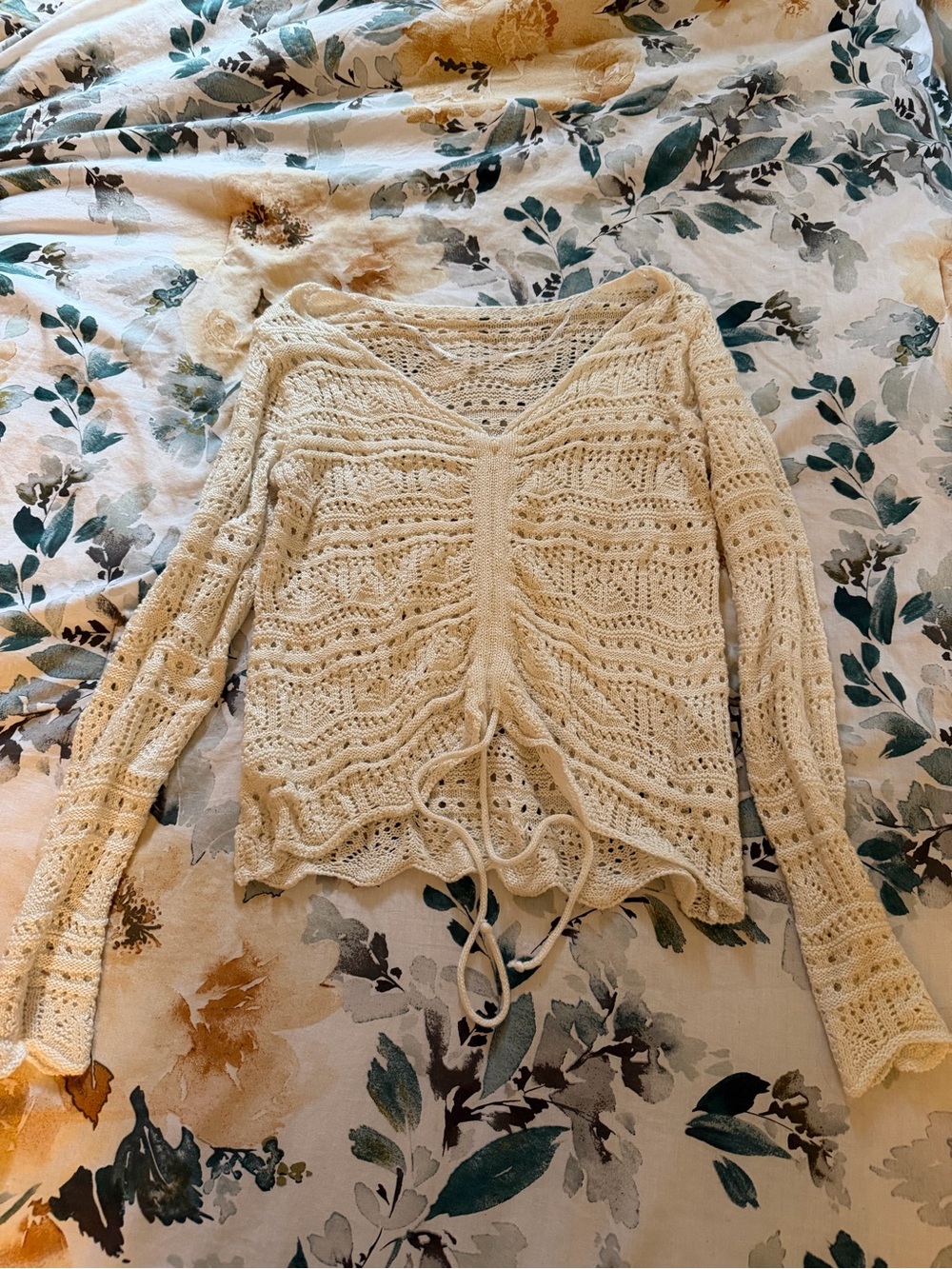 Cream Knit Drawstring Openwork Sweater Top